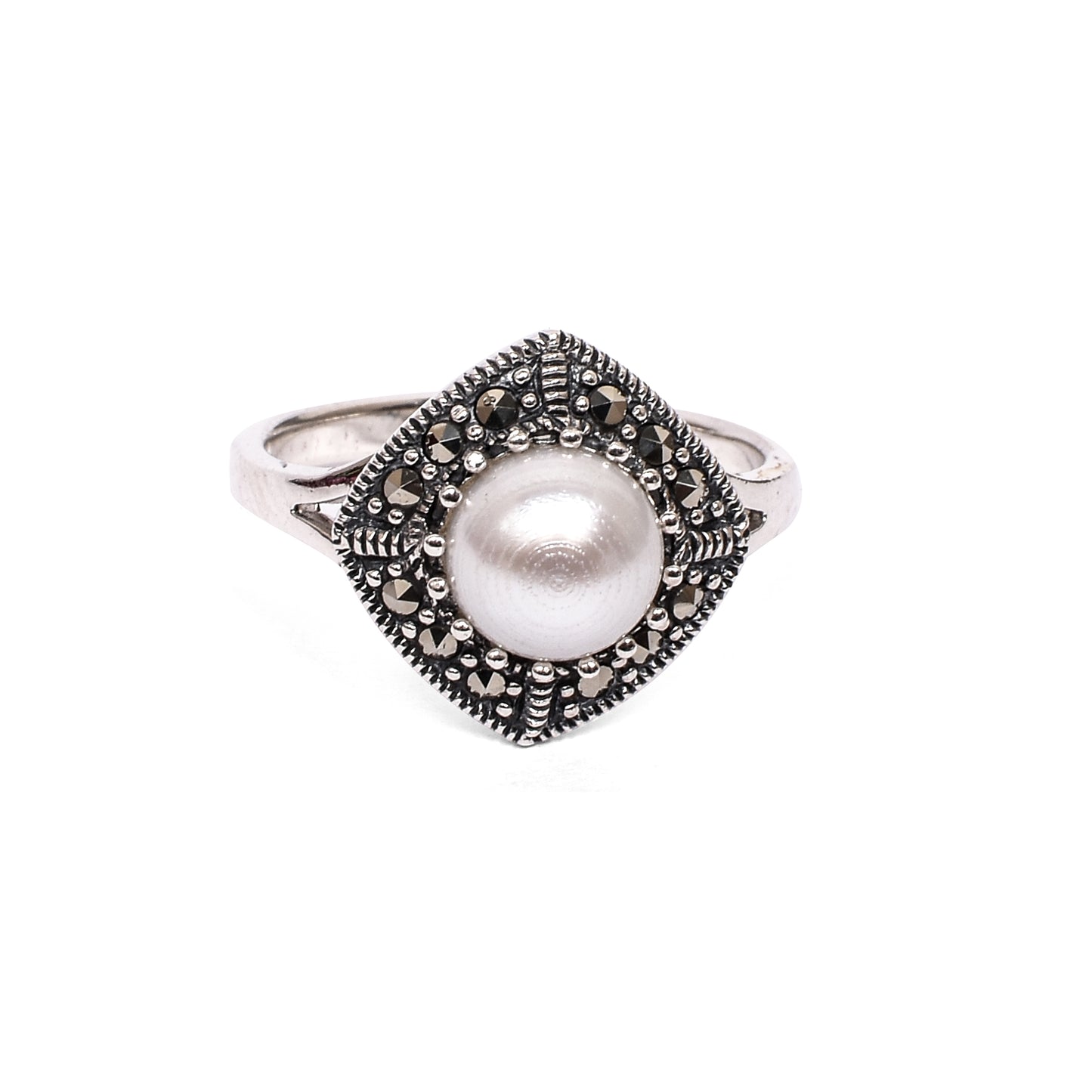 Women’s Silver Pendant Set with Ring – Pearl & Marcasite Square Motif