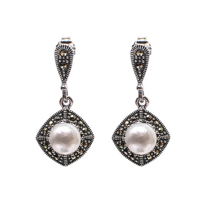 Women’s Silver Pendant Set with Ring – Pearl & Marcasite Square Motif