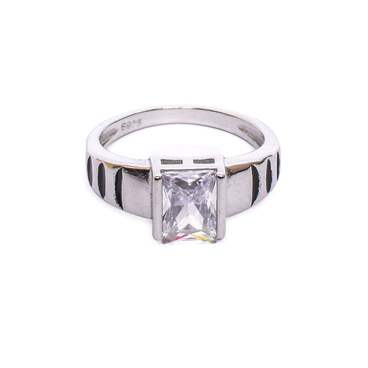 Kids Silver Ring – Square Clear Cubic Zirconia with Black Enamel Band