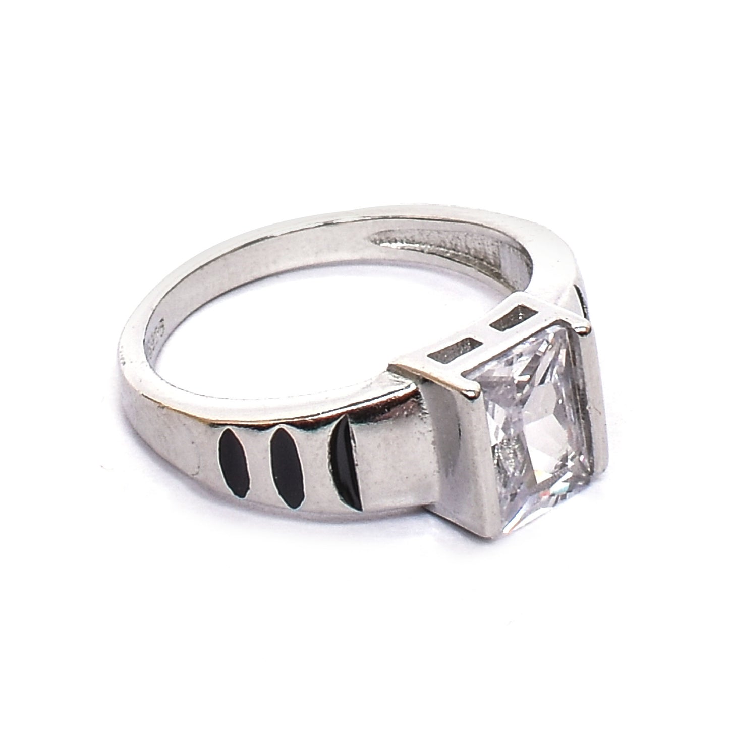 Kids Silver Ring – Square Clear Cubic Zirconia with Black Enamel Band
