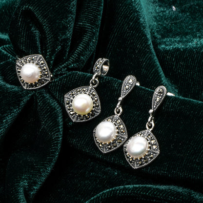 Women’s Silver Pendant Set with Ring – Pearl & Marcasite Square Motif
