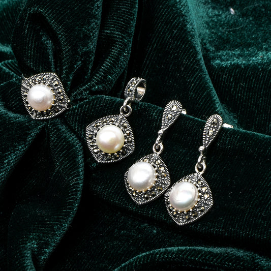 Women’s Silver Pendant Set with Ring – Pearl & Marcasite Square Motif