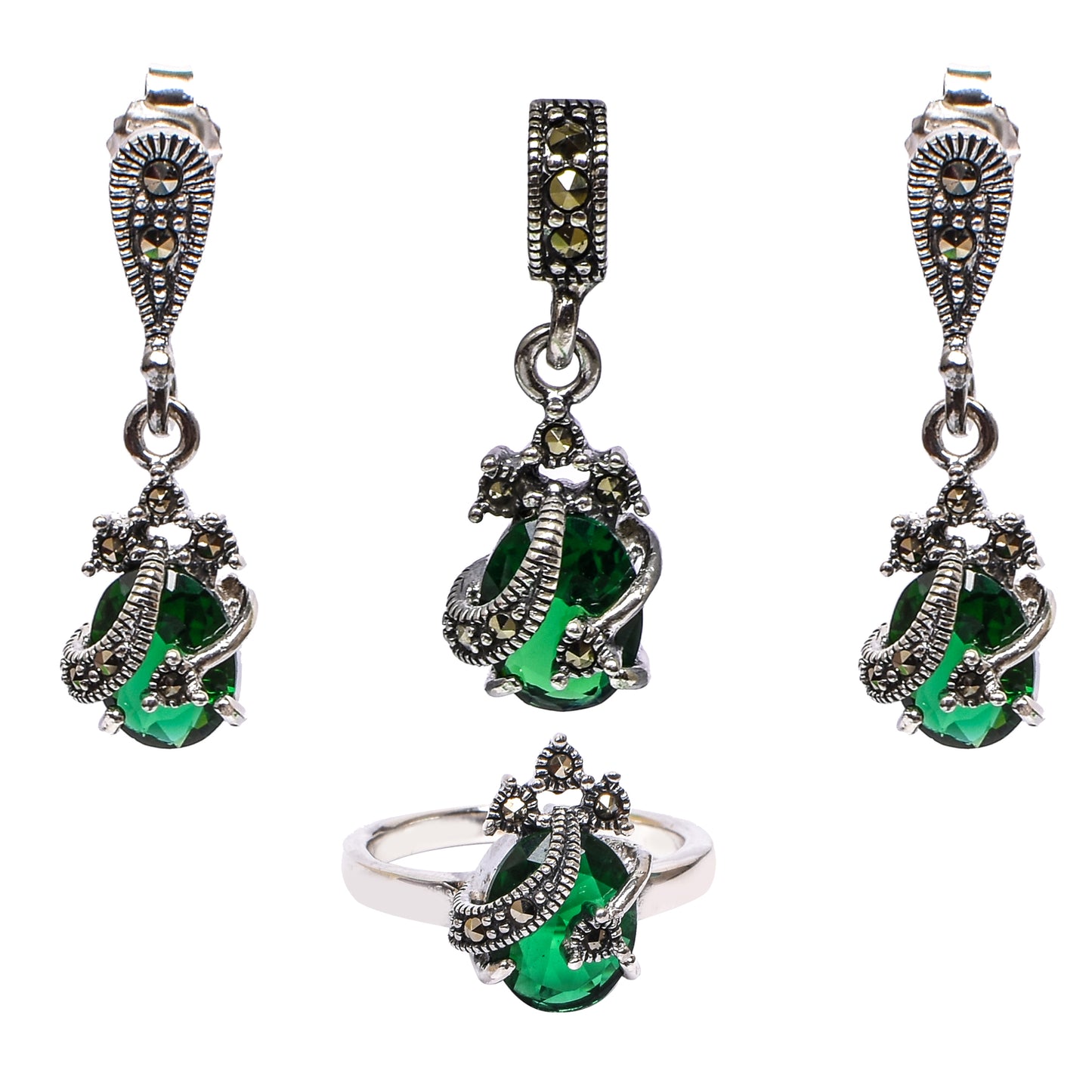 Emerald Serpent Jewellery Set – Pendant, Earrings & Ring