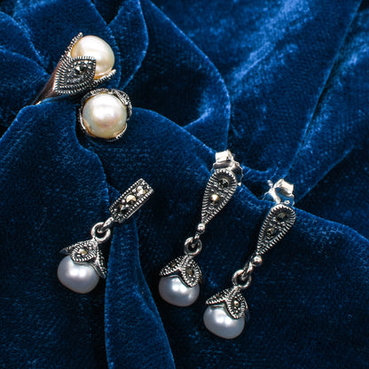 Women’s Silver Pendant Set with Ring – Twin Pearl & Marcasite Teardrop Motif