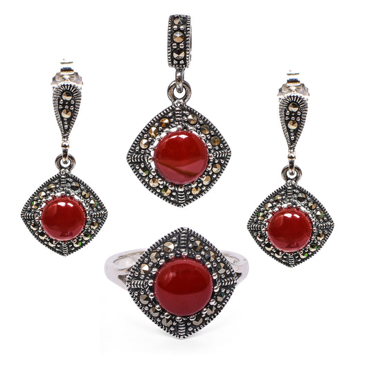 Women’s Silver Pendant Set with Ring – Red Gemstone Square Motif