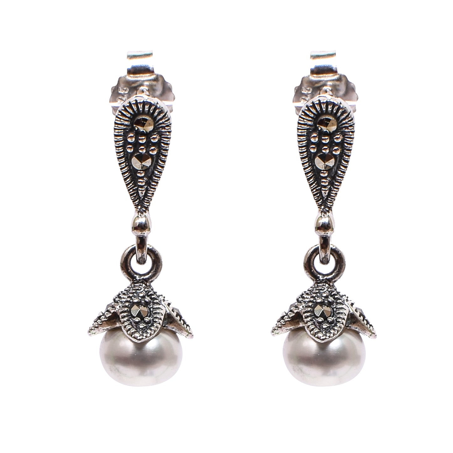 Women’s Silver Pendant Set with Ring – Twin Pearl & Marcasite Teardrop Motif