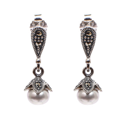 Women’s Silver Pendant Set with Ring – Twin Pearl & Marcasite Teardrop Motif