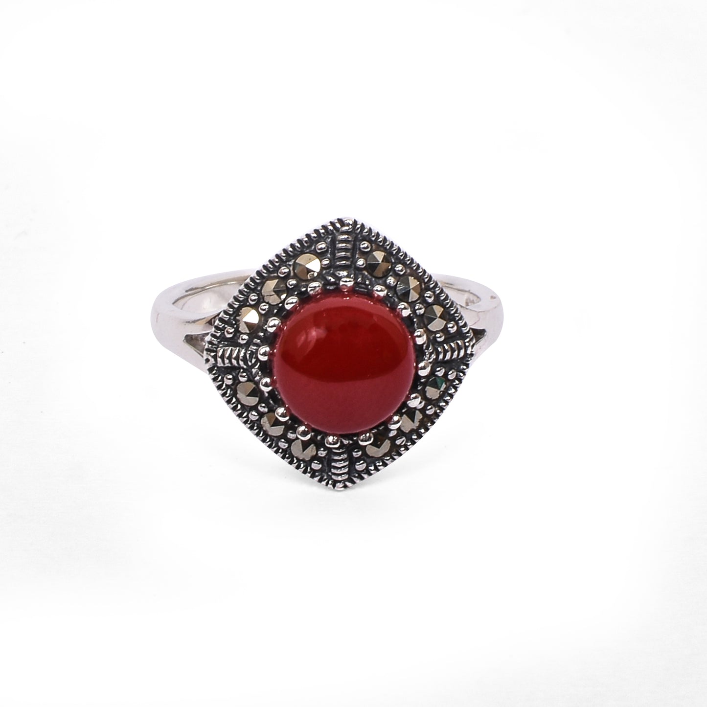 Women’s Silver Pendant Set with Ring – Red Gemstone Square Motif