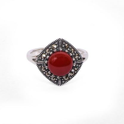 Women’s Silver Pendant Set with Ring – Red Gemstone Square Motif