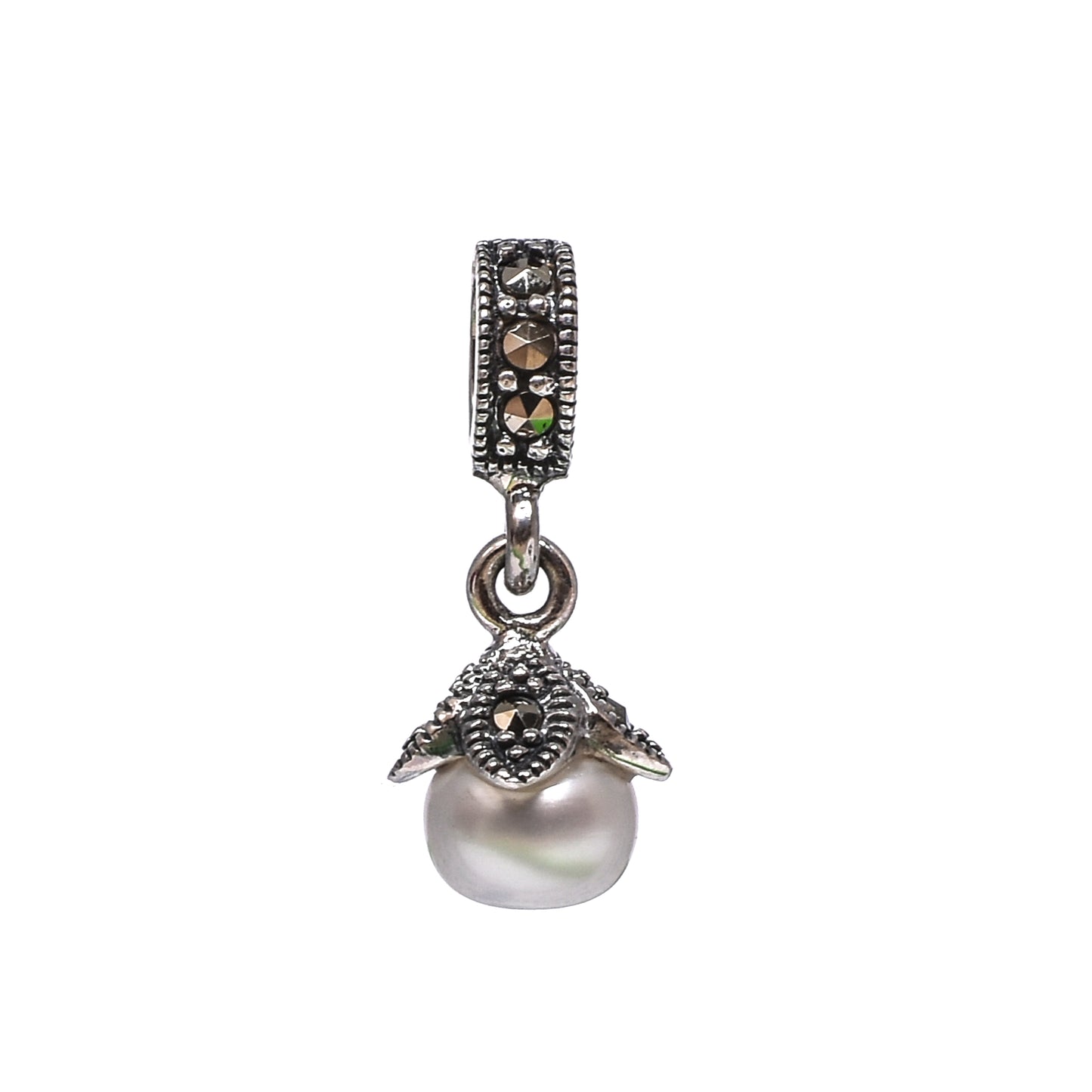 Women’s Silver Pendant Set with Ring – Twin Pearl & Marcasite Teardrop Motif