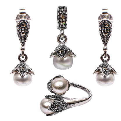 Women’s Silver Pendant Set with Ring – Twin Pearl & Marcasite Teardrop Motif