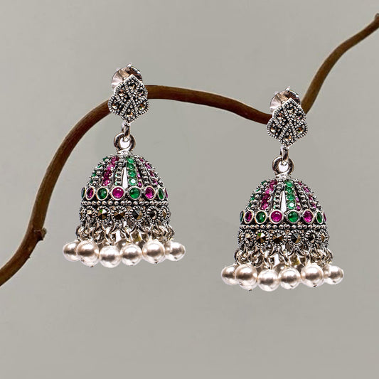 Women’s Silver Jhumka Earrings – Green & Pink Gemstone with Pearl Fringe (Size 3.5 cm)