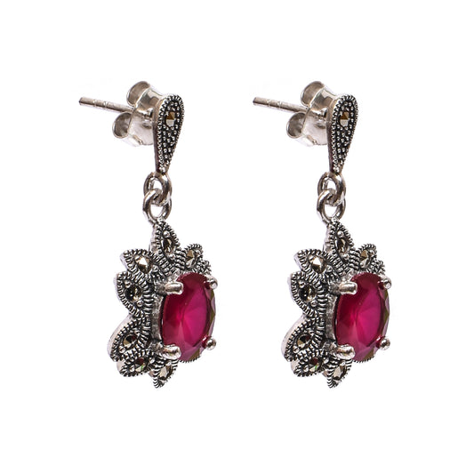 Women’s Silver Drop Earrings – Ruby Pink Floral Motif with Marcasite Accents (Size 3 cm)