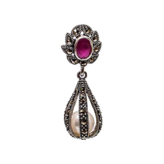 Women’s Silver Drop Earrings – Magenta Gemstone with Pearl Cage Accent (Size 3.75 cm)