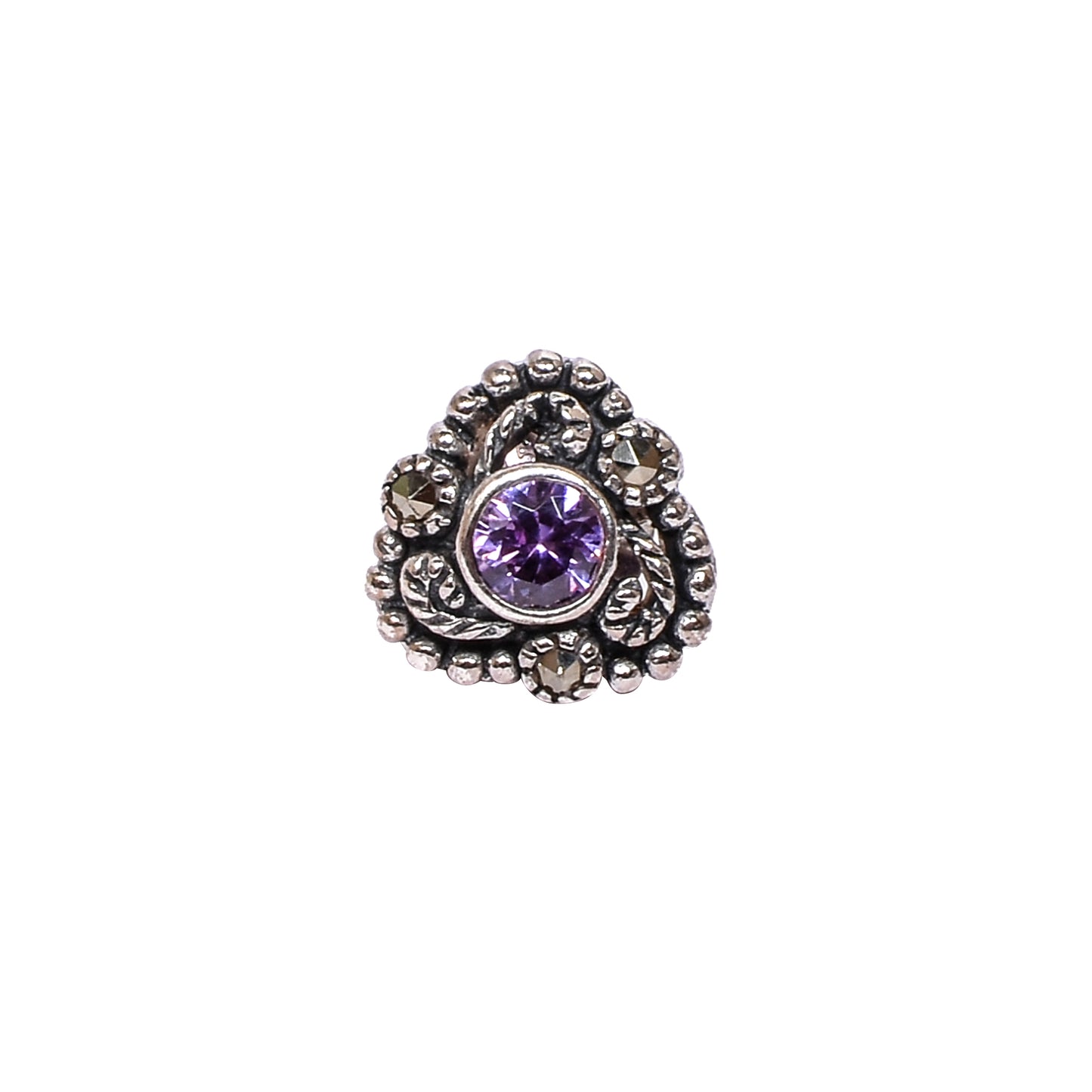 Women’s Silver Stud Earrings – Purple Gemstone with Marcasite Accents (Size 1 cm)