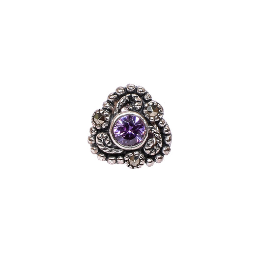 Women’s Silver Stud Earrings – Purple Gemstone with Marcasite Accents (Size 1 cm)