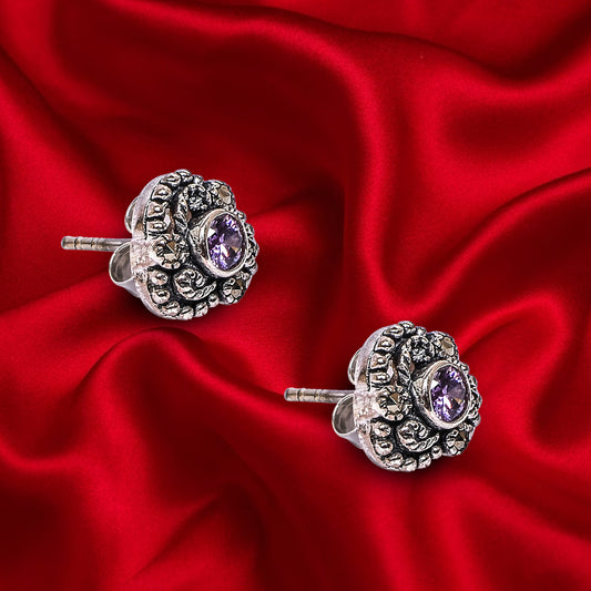 Women’s Silver Stud Earrings – Purple Gemstone with Marcasite Accents (Size 1 cm)