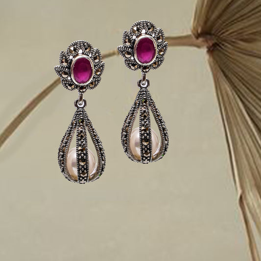 Women’s Silver Drop Earrings – Magenta Gemstone with Pearl Cage Accent (Size 3.75 cm)