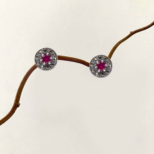 Women’s Silver Stud Earrings – Ruby Pink Round Motif with Marcasite Accents (Size 1 cm)