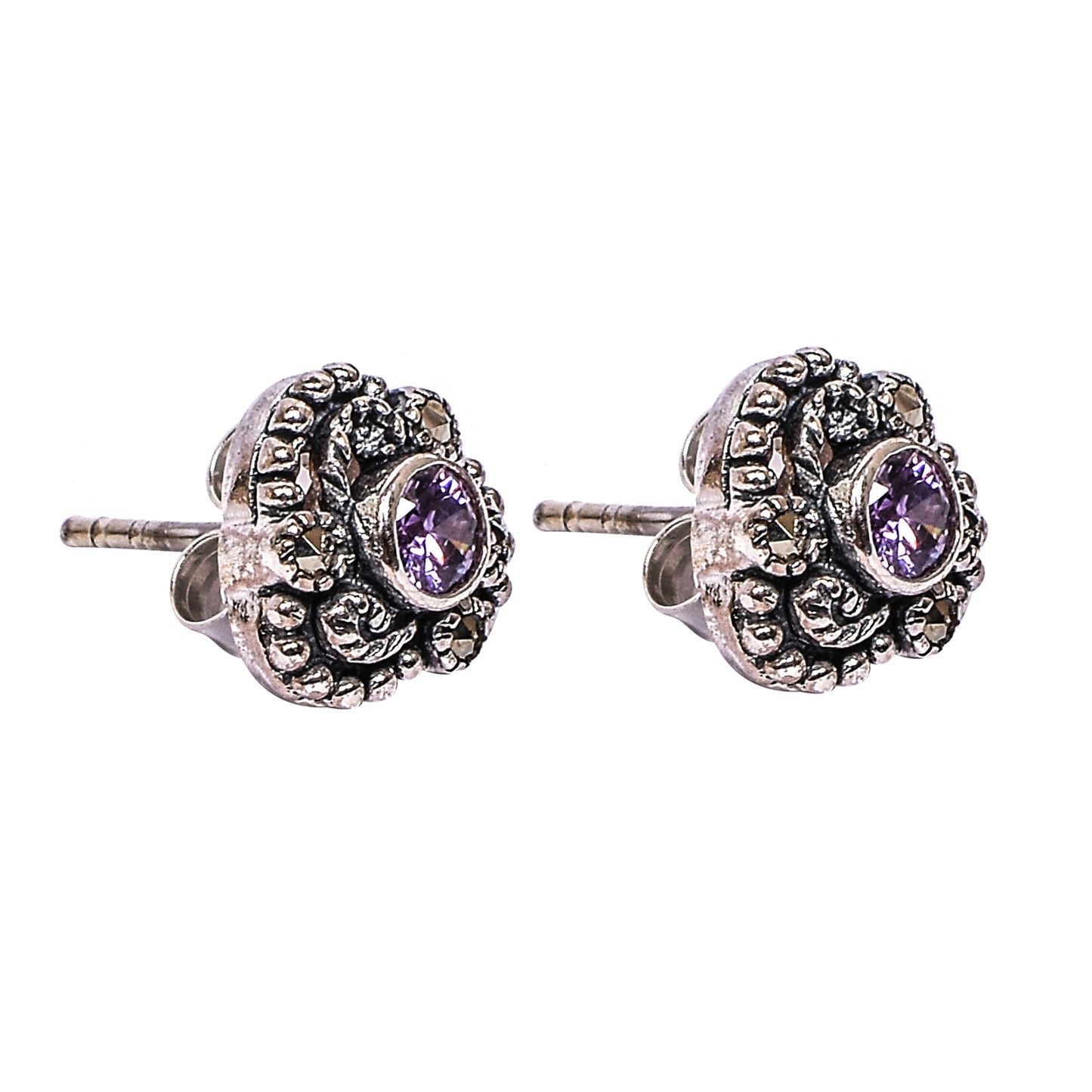 Women’s Silver Stud Earrings – Purple Gemstone with Marcasite Accents (Size 1 cm)