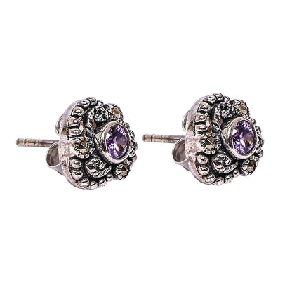 Women’s Silver Stud Earrings – Purple Gemstone with Marcasite Accents (Size 1 cm)