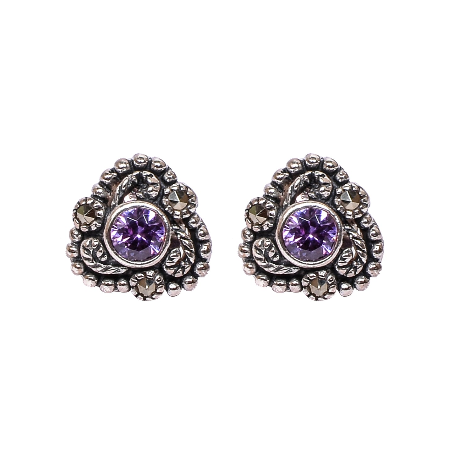 Women’s Silver Stud Earrings – Purple Gemstone with Marcasite Accents (Size 1 cm)
