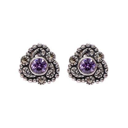 Women’s Silver Stud Earrings – Purple Gemstone with Marcasite Accents (Size 1 cm)