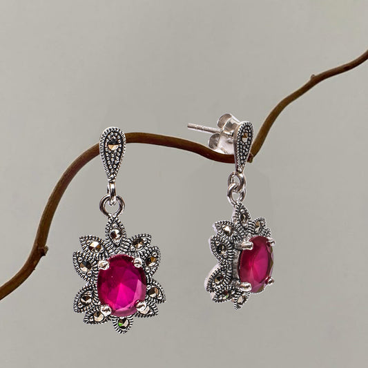 Women’s Silver Drop Earrings – Ruby Pink Floral Motif with Marcasite Accents (Size 3 cm)
