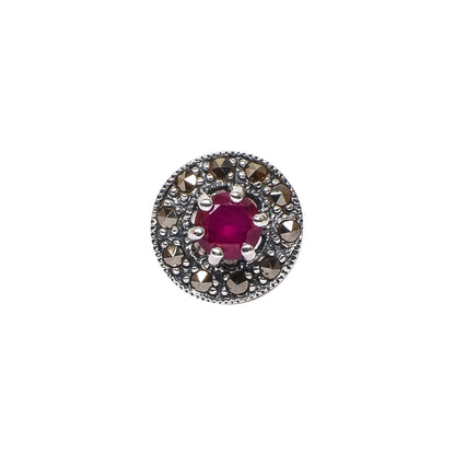 Women’s Silver Stud Earrings – Ruby Pink Round Motif with Marcasite Accents (Size 1 cm)