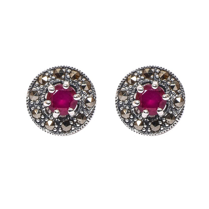 Women’s Silver Stud Earrings – Ruby Pink Round Motif with Marcasite Accents (Size 1 cm)