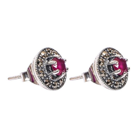 Women’s Silver Stud Earrings – Ruby Pink Round Motif with Marcasite Accents (Size 1 cm)