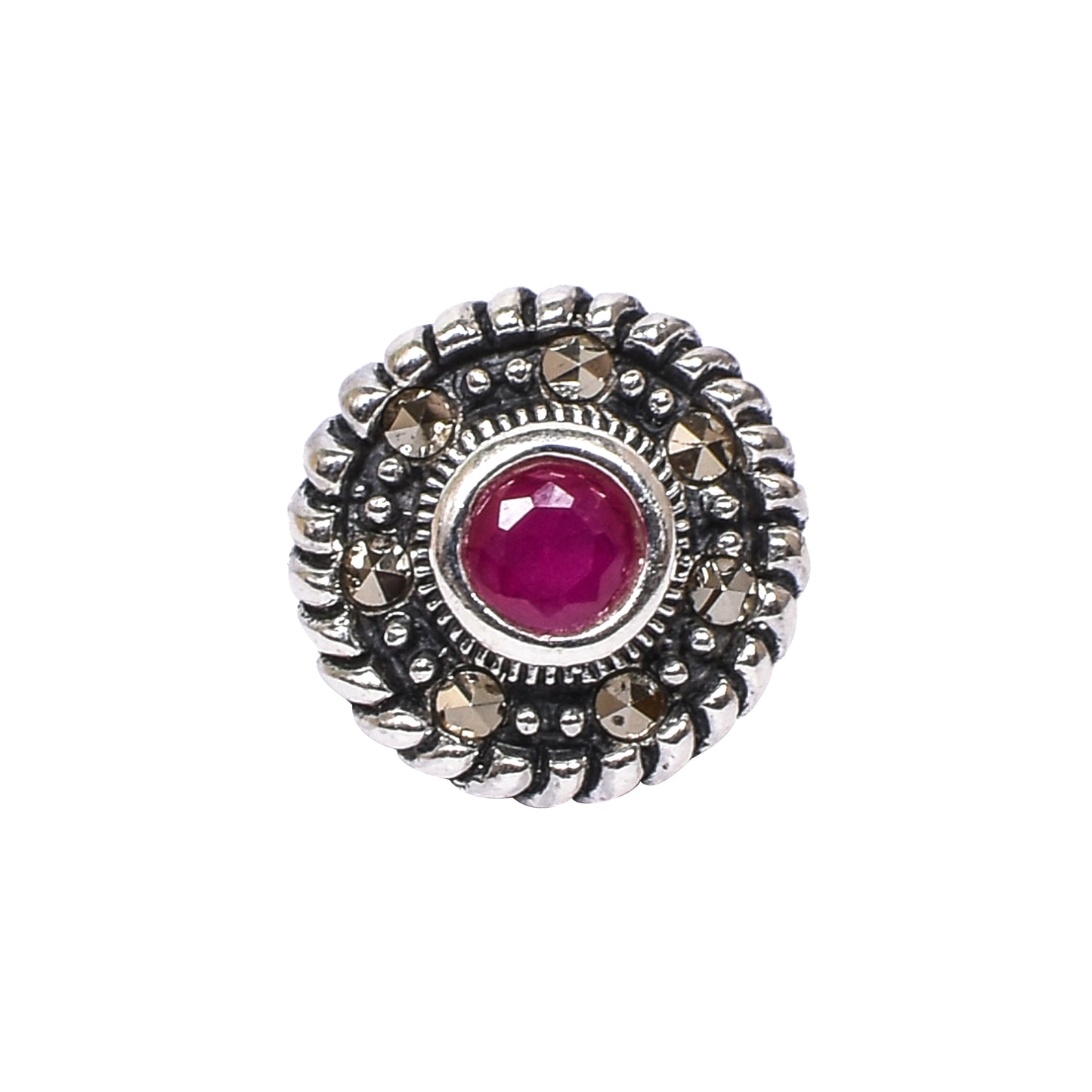 Women’s Silver Stud Earrings – Pink Gemstone with Twisted Rope Border (Size 1.25 cm)