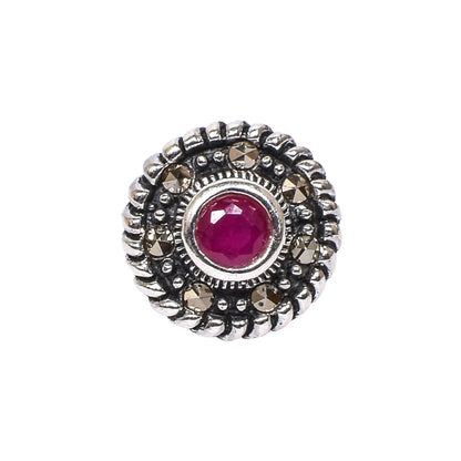 Women’s Silver Stud Earrings – Pink Gemstone with Twisted Rope Border (Size 1.25 cm)