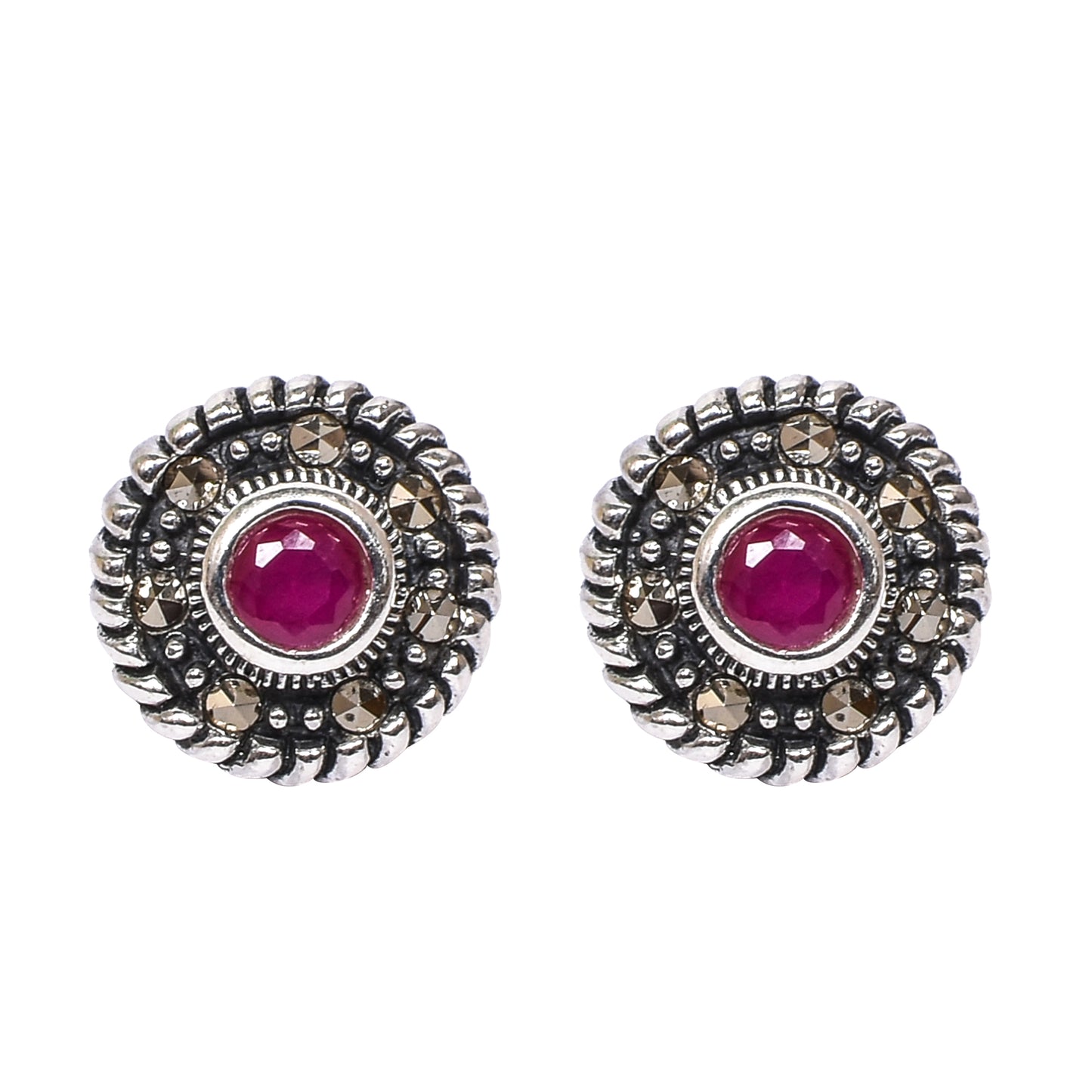 Women’s Silver Stud Earrings – Pink Gemstone with Twisted Rope Border (Size 1.25 cm)