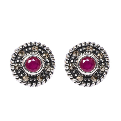 Women’s Silver Stud Earrings – Pink Gemstone with Twisted Rope Border (Size 1.25 cm)