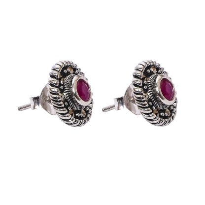 Women’s Silver Stud Earrings – Pink Gemstone with Twisted Rope Border (Size 1.25 cm)