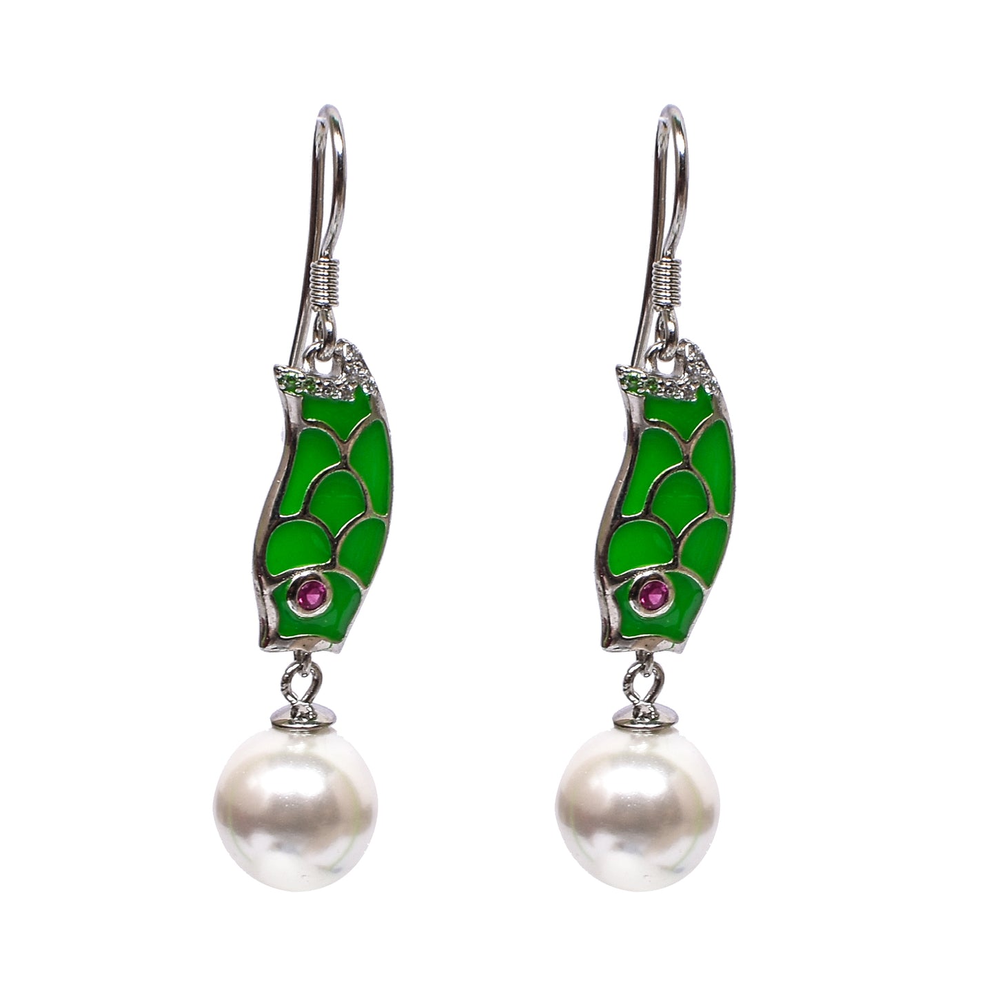 Green Mosaic Drop Earrings – Pearl Accent & Hook Closure (Size 4.75 cm)