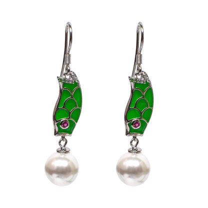 Green Mosaic Drop Earrings – Pearl Accent & Hook Closure (Size 4.75 cm)
