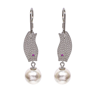 Green Mosaic Drop Earrings – Pearl Accent & Hook Closure (Size 4.75 cm)