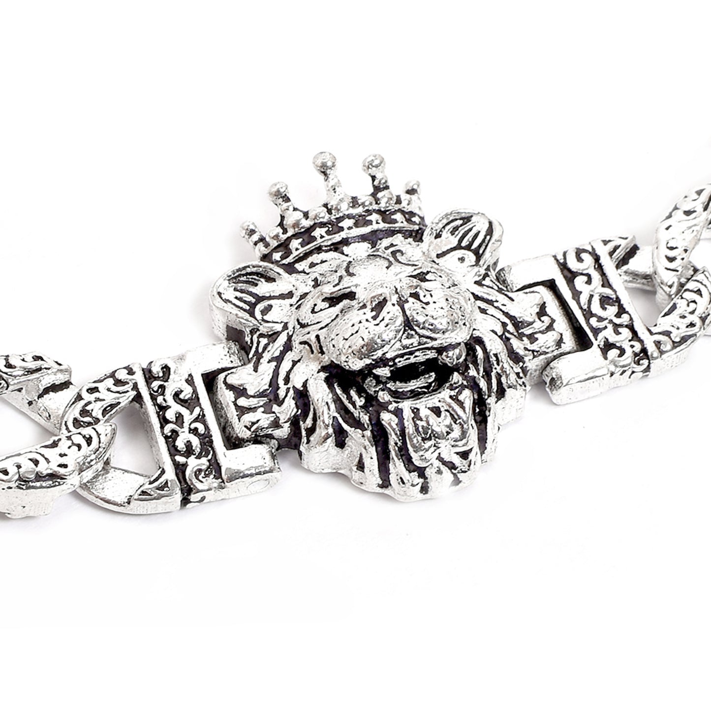 Lion Head with Crown & Engraved Chain Bracelet