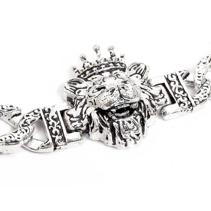 Lion Head with Crown & Engraved Chain Bracelet