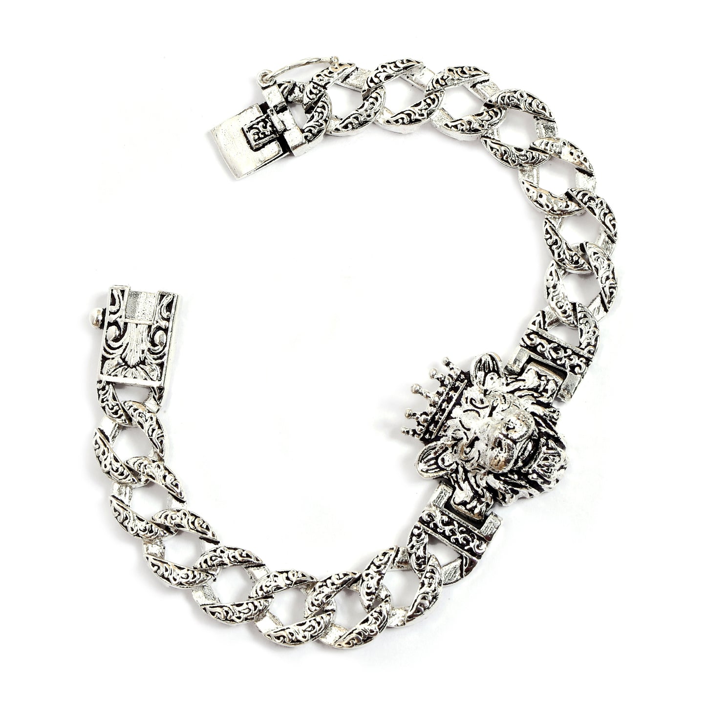 Lion Head with Crown & Engraved Chain Bracelet