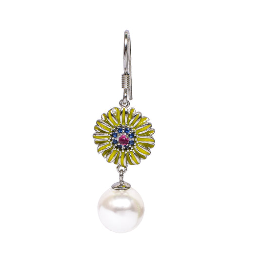Women’s Silver Drop Earrings – Sunflower Motif with Blue & Pink Accents and Pearl Drop (Size 4.25 cm)