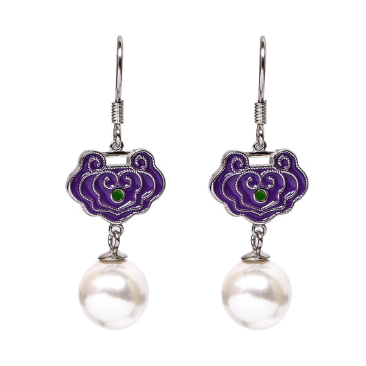 Women’s Silver Drop Earrings – Purple Ornamental Motif with Green Accent & Pearl Drop (Size 3.75 cm)