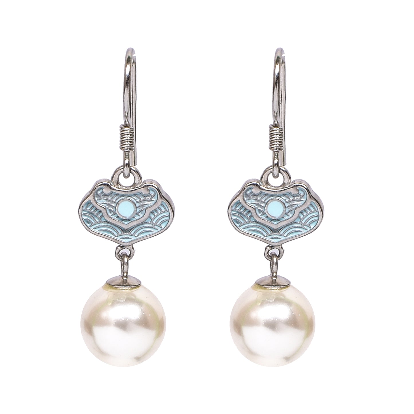 Women’s Silver Drop Earrings – Turquoise Accent with White Pearl (Size 3.75 cm)