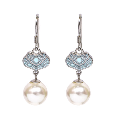 Women’s Silver Drop Earrings – Turquoise Accent with White Pearl (Size 3.75 cm)