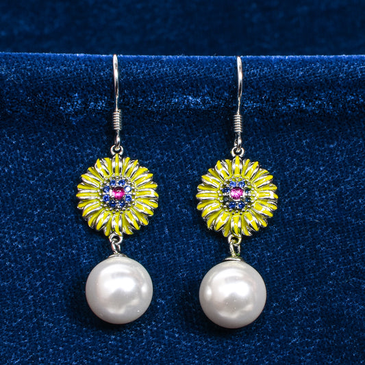 Women’s Silver Drop Earrings – Sunflower Motif with Blue & Pink Accents and Pearl Drop (Size 4.25 cm)