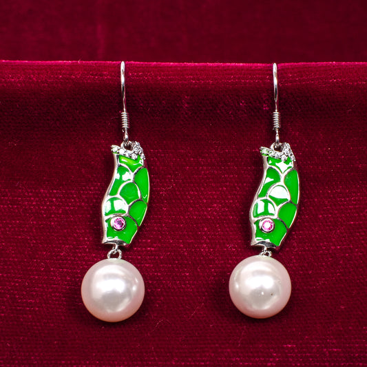 Green Mosaic Drop Earrings – Pearl Accent & Hook Closure (Size 4.75 cm)