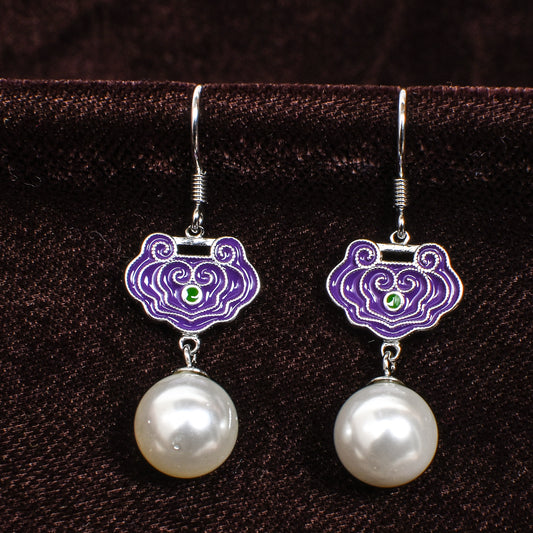Women’s Silver Drop Earrings – Purple Ornamental Motif with Green Accent & Pearl Drop (Size 3.75 cm)