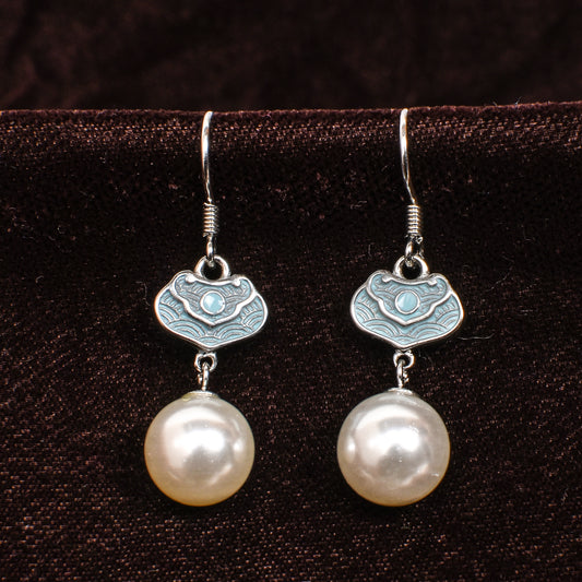 Women’s Silver Drop Earrings – Turquoise Accent with White Pearl (Size 3.75 cm)
